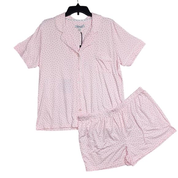 White Mark Short Sleeve Pajama Shorts Set with Button Down Collar Pink Dots XL - Picture 1 of 10